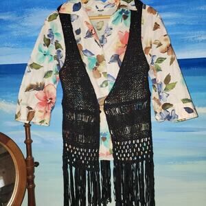 Black Crochet Knit Vest Tassles size Medium